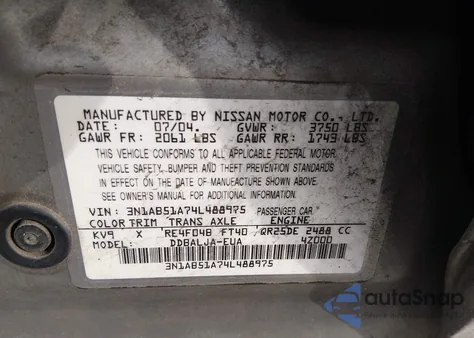 2004 Nissan Sentra 2.5S from USA, damaged, VIN 3N1AB51A74L488975
